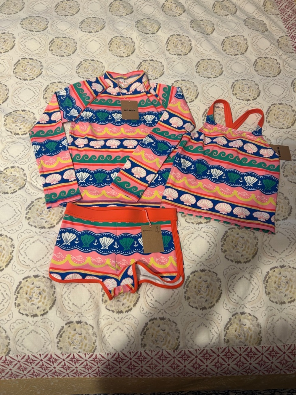Mini Boden 3 piece Shell-Print Rash Guard Swim Set - Pink & Blue
